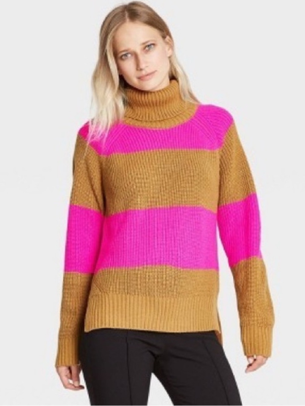 Who What Wear Striped Turtleneck Sweater in Hot Pink and Camel